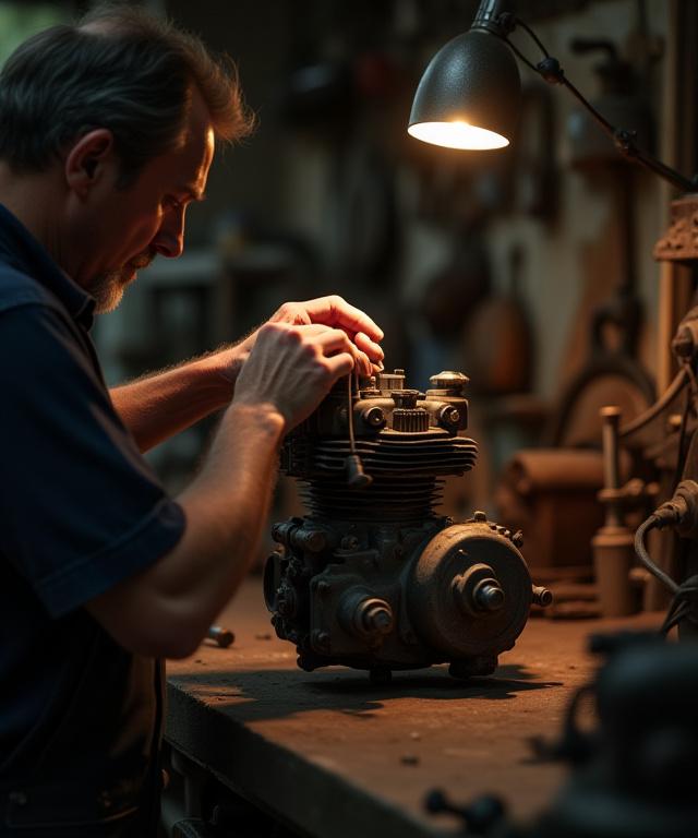 Artigiano di Moto Rinascita che lavora con precisione su un motore d'epoca